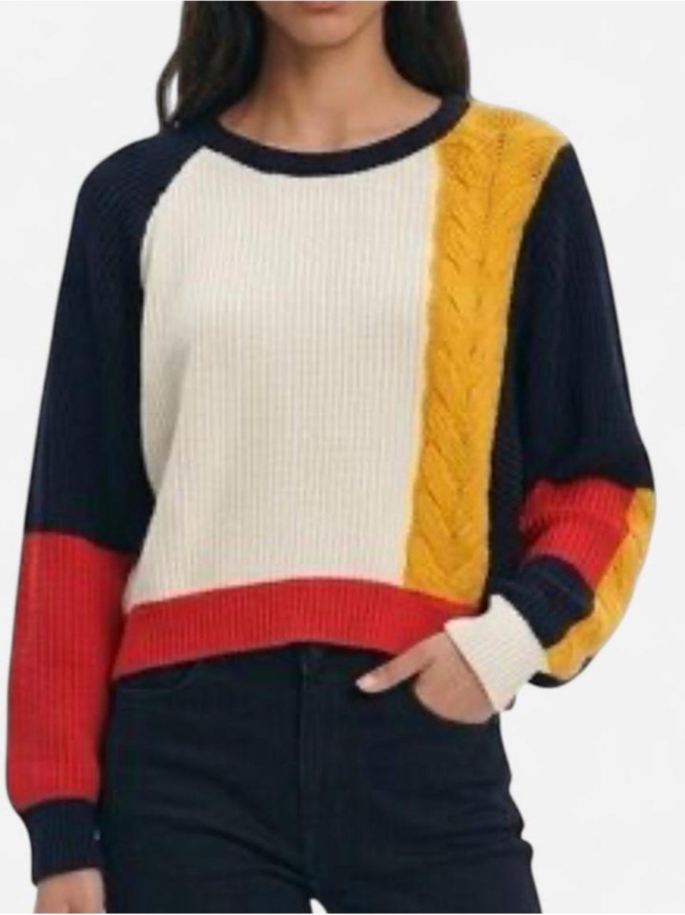 moon & madison Colorblock Cropped Crew Sweater in Cream, Black, Yellow & Red